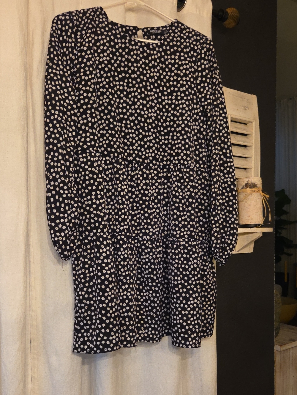 Nasty Gal Navy Blue & White Polka Dot Long Sleeve Tiered Dress